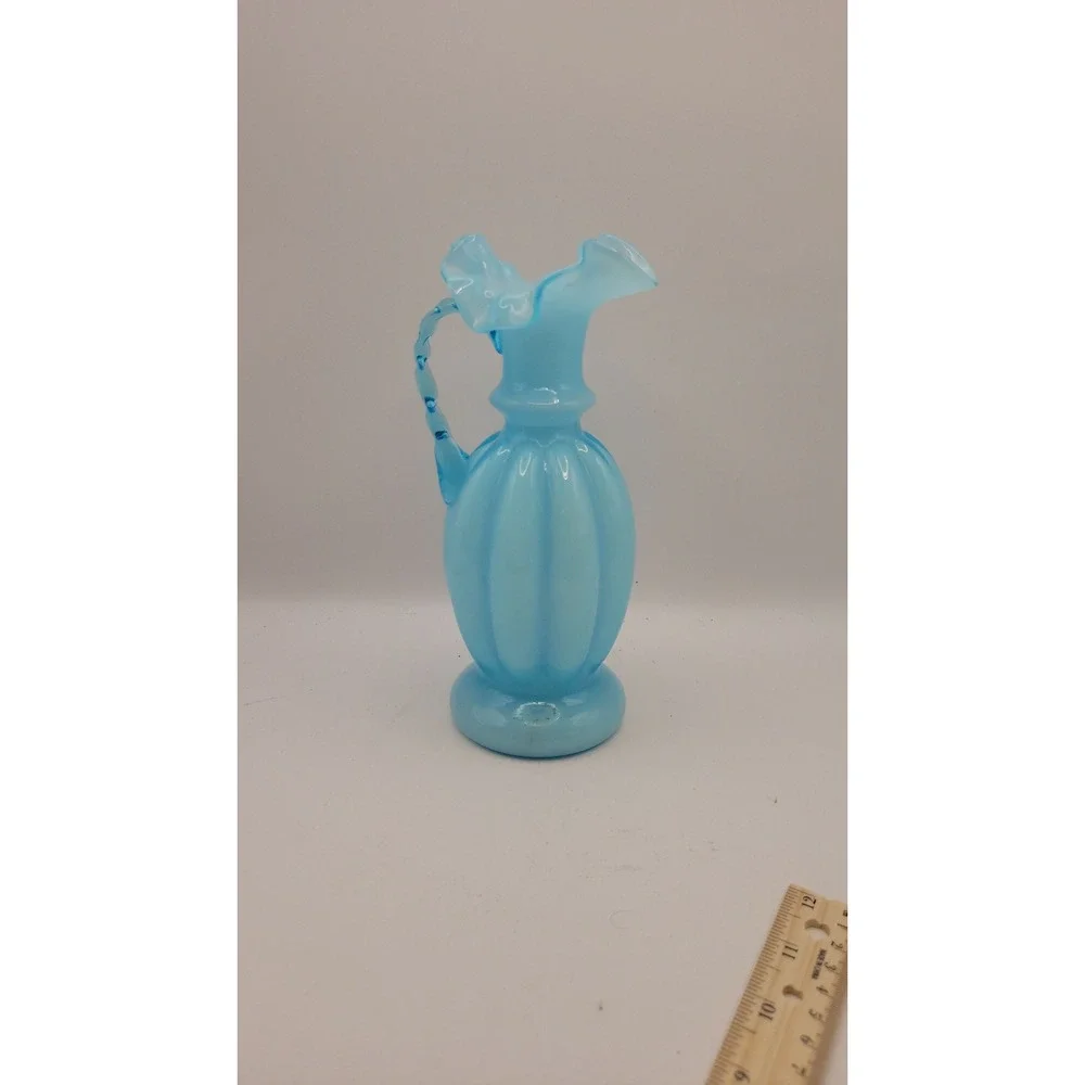 Vintage Fenton Blue Overlay Melon Pitcher Ewer Ruffled Beaded Handle 1940s 1950s